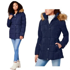 TOMMY HILFIGER | Hooded Puffer Coat with Tan Faux Fur Trim Size M (EUC)